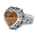 Corazón Amber Gemstone con Anillo Filigrana de Plata de Ley 925 para Bodas y Aniversario